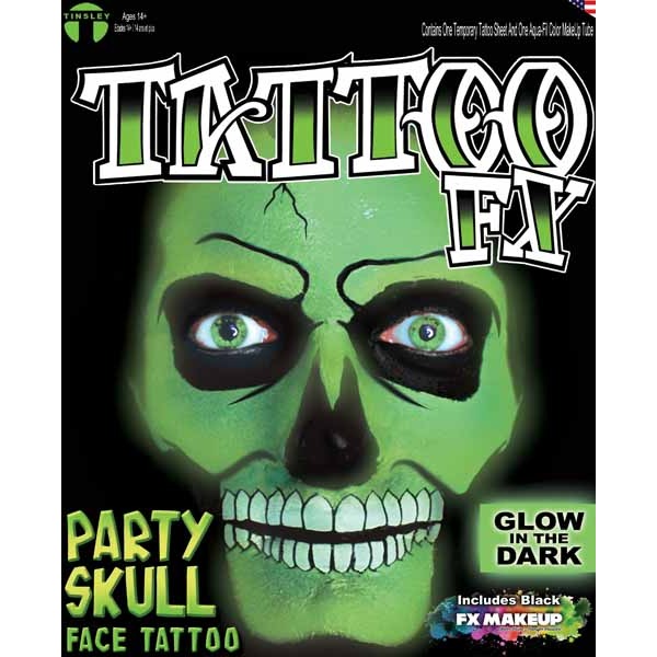 Tinsley Transfers Party Skull Glow-in-the-Dark Face Tattoo