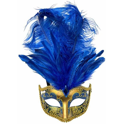 Blue and Gold Venetian Feather Mask