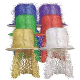 Tinsel Top Hat with Curly Wig, Assorted