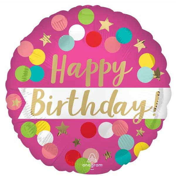 Pink Confetti Happy Birthday 18-Inch Round Foil Balloon