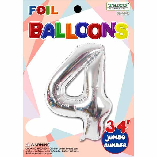 Silver Number 4 Foil Balloon, 34 Inch