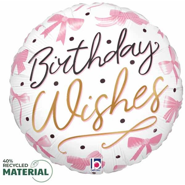 Pink Bow Birthday Wishes 9-Inch Round Foil Balloon