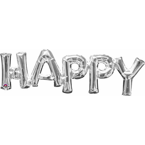 Silver HAPPY Block Phrase Foil Balloon, 30 Inch