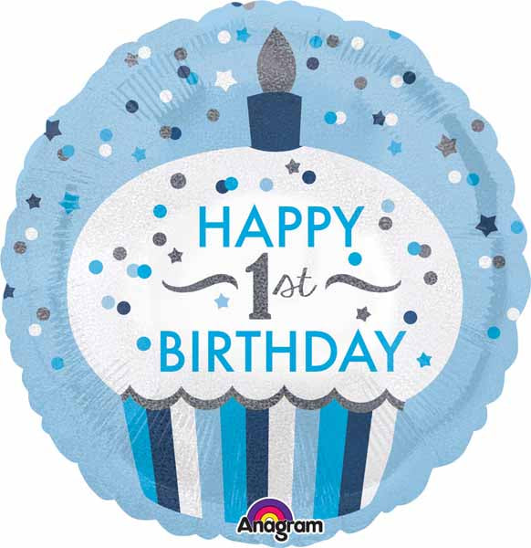 Boy's 1st Birthday Cupcake Holographic Foil Balloon, 18 Inch