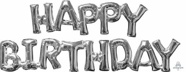 Silver Happy Birthday Block Letter Balloon Phrase