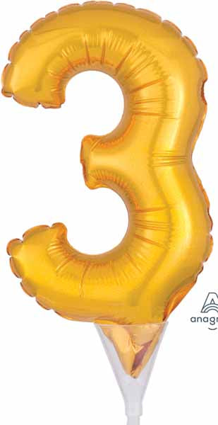 Gold Number 3 Balloon Cake Pick, 6 Inch
