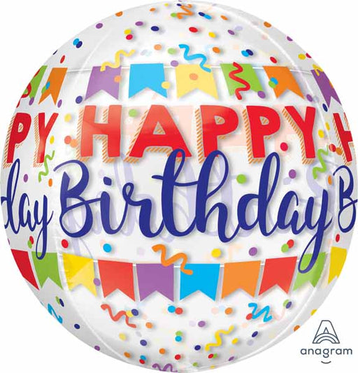 Birthday Banner Bash Clear Orbz Balloon, 16 Inch