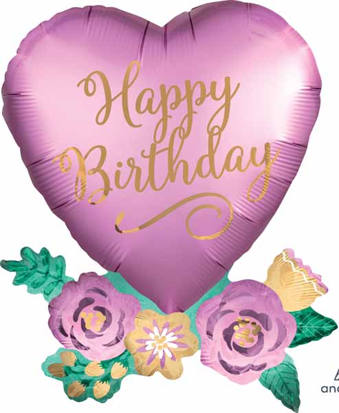Happy Birthday Heart with Flowers Foil Balloon, 30 Inch