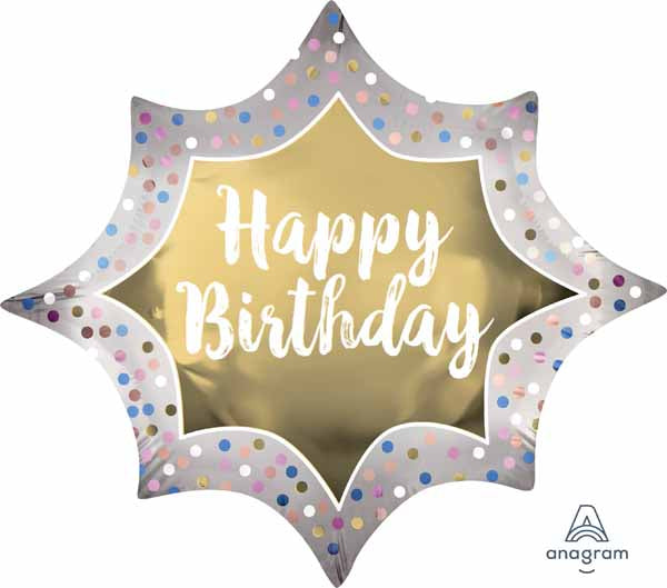Happy Birthday Satin Gold Burst Foil Balloon, 35 Inch