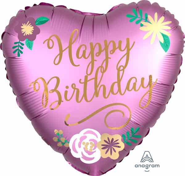 Satin Flowers Happy Birthday Heart Foil Balloon, 18 Inch