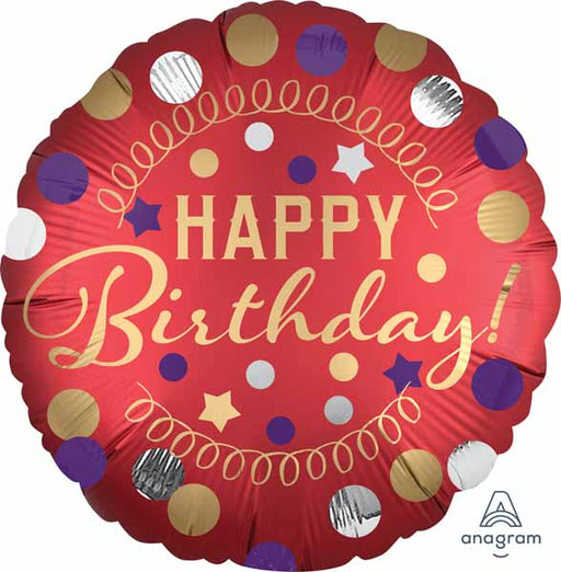 Red Satin Happy Birthday Round Foil Balloon, 18 Inch