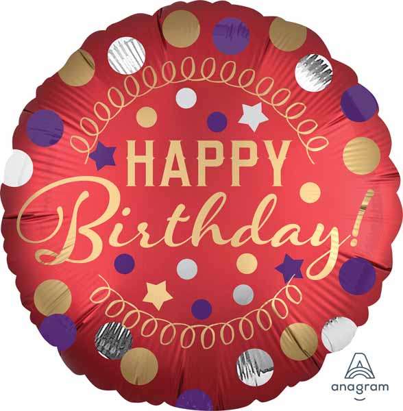 Red Satin Happy Birthday Round Foil Balloon, 18 Inch