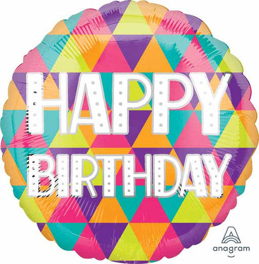 Colorful Triangles Happy Birthday 18-Inch Round Foil Balloon