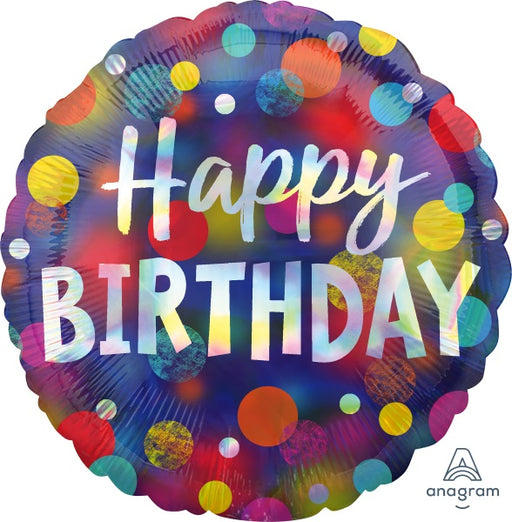 Happy Birthday Party Dots 18-Inch Round Holographic Foil Balloon
