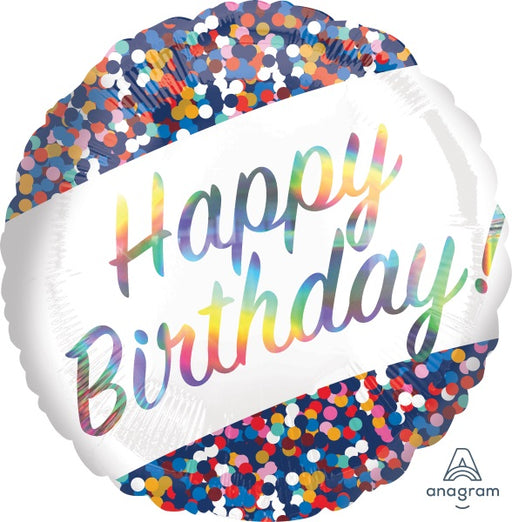 Happy Birthday Confetti 18" Round Holographic Foil Balloon