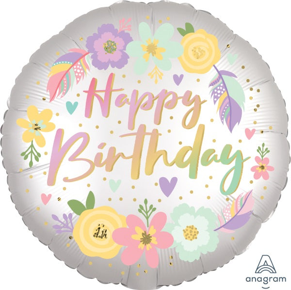 Boho Birthday Flowers 18" Round Foil Balloon