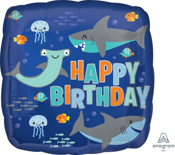 Happy Birthday Sharks 18-Inch Square Foil Balloon