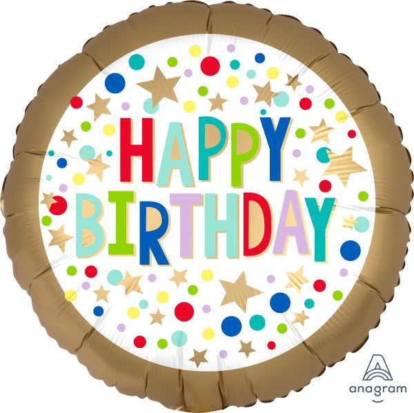 Gold Happy Birthday Marquee Dot 18-Inch Round Foil Balloon