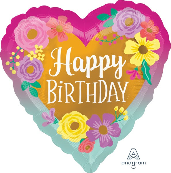 Happy Birthday Painted Flowers Heart Foil Balloon, 18 Inch