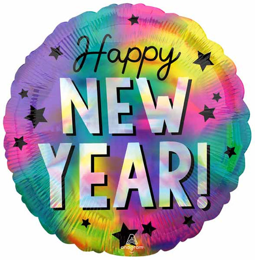 Happy New Year Stars 18-Inch Round Holographic Foil Balloon
