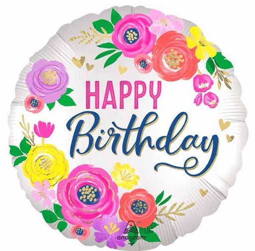 Artful Floral Happy Birthday 18-Inch Round Foil Balloon