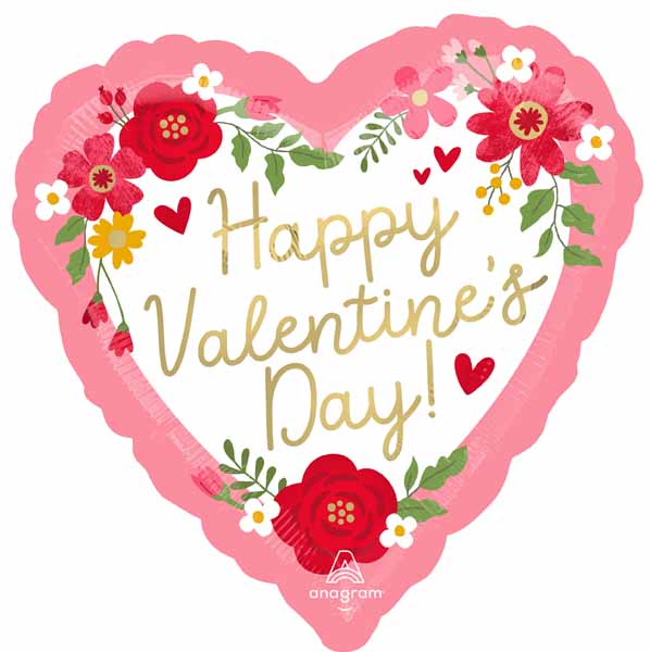 Happy Valentine's Day Floral Heart Foil Balloon, 18 Inch