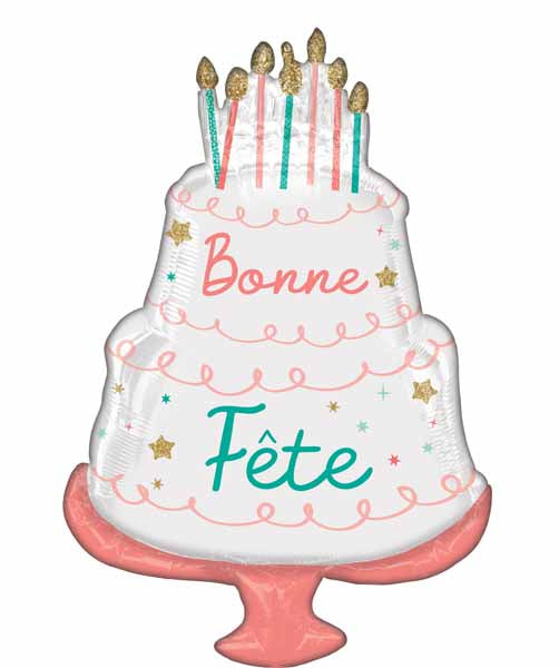 Bonne Fête Cake Shaped Foil Balloon, 28 Inch