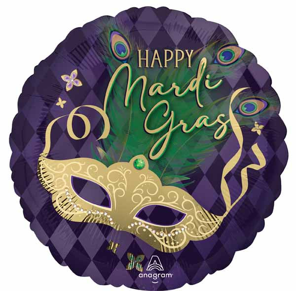 Happy Mardi Gras Mask 18-Inch Round Foil Balloon