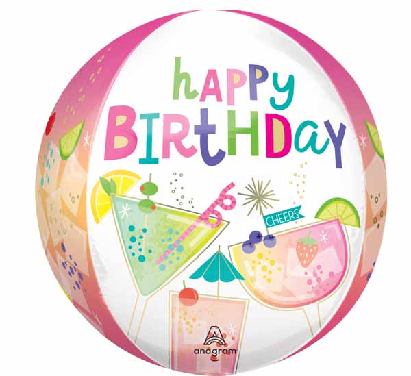 Cocktail Surprise Happy Birthday Orbz Balloon, 16 Inch