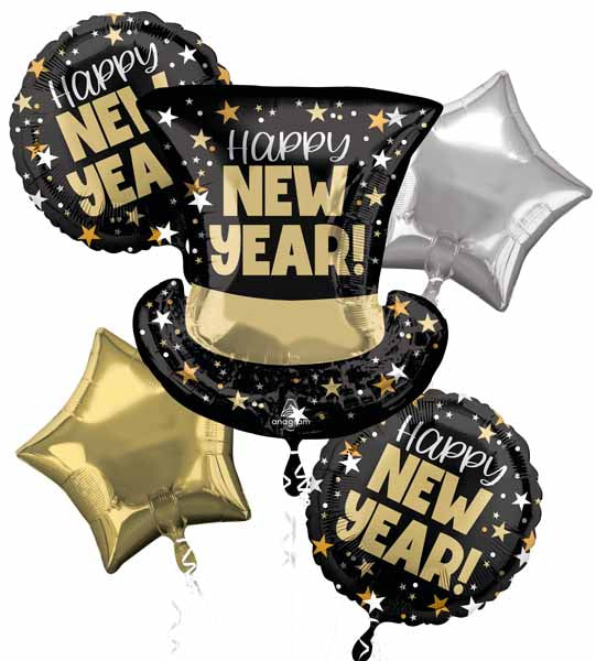 Happy New Year Top Hat Bash Foil Balloon Bouquet