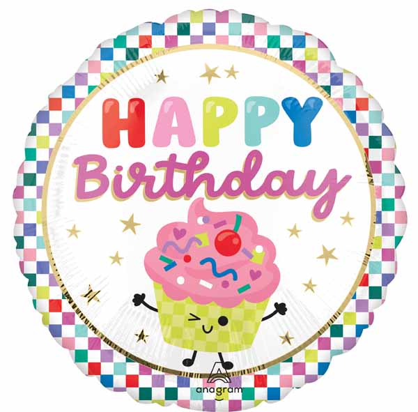 Vibrant Cupcake Happy Birthday 18-Inch Round Foil Balloon