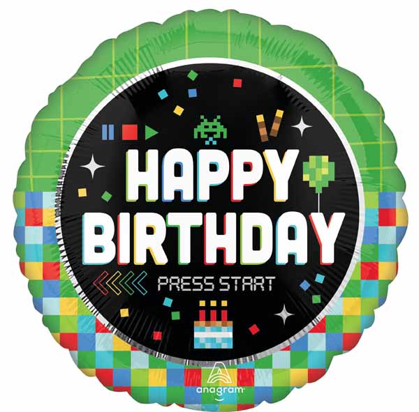 8-Bit Happy Birthday 18-Inch Round Foil Balloon