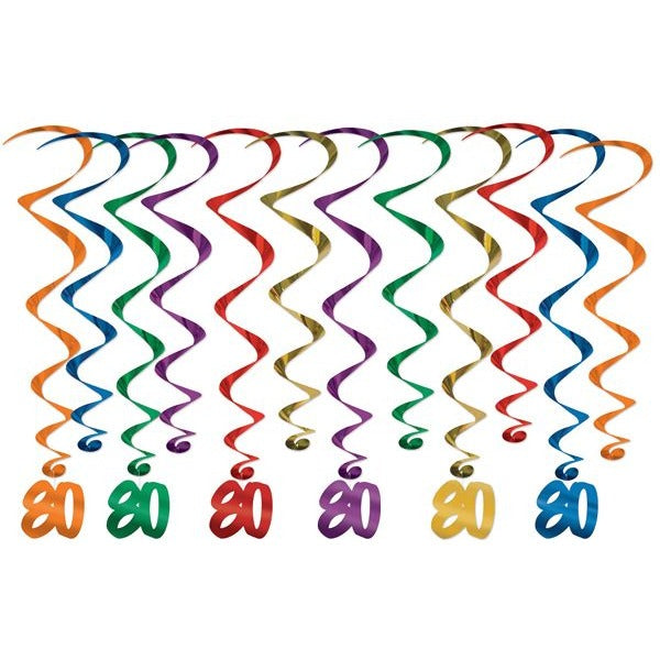 80th Birthday Assorted Hanging Whirls, 12 Pack
