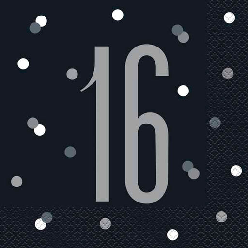 Black & Silver 16th Birthday Luncheon Napkins, 16 Pack