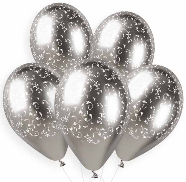 Gemar 13" Shiny Filigree Silver Latex Balloons, 25 Count