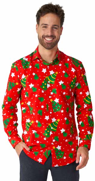 Suitmeister Men's Trees & Red Stars Christmas Shirt, Small