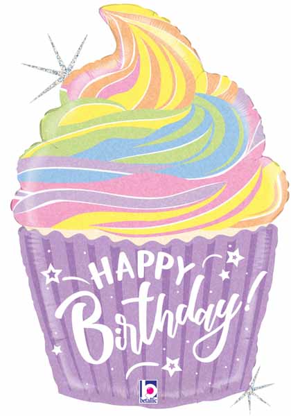 22" Pastel Cupcake Happy Birthday Holographic Foil Balloon