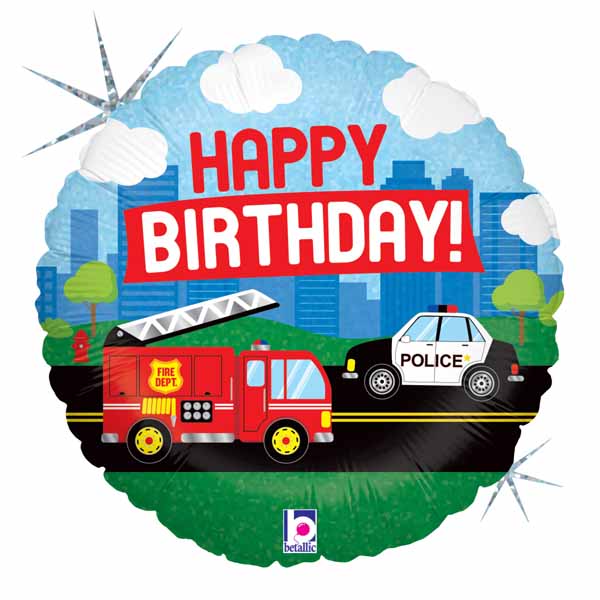 Emergency Vehicle Happy Birthday Holographic Foil Balloon, 18 Inch