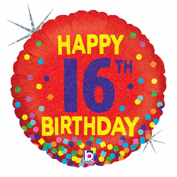 16th Birthday Confetti Holographic Foil Balloon, 18 Inch