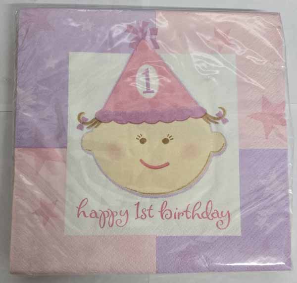 First Birthday Girl Lunch Napkins, 16 Count
