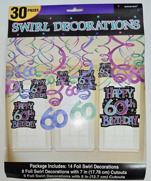 60th Birthday Hanging Swirl Decorations, 30 Pack