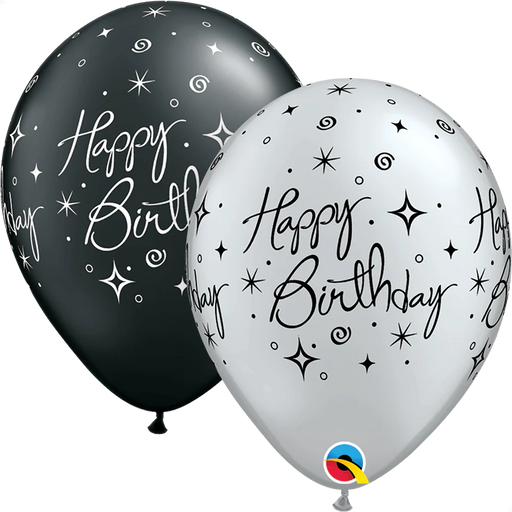 Qualatex 11" Elegant Sparkles & Swirls Latex Balloons in silver and black for a stylish birthday celebration