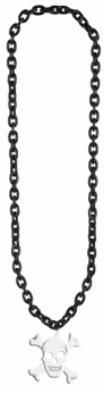 36-Inch Black Chain Bead Necklace with Skull and Crossbones