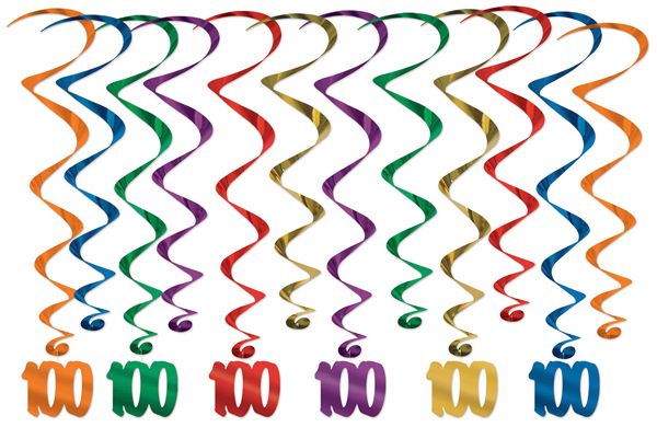 100th Birthday Assorted Hanging Whirls, 12 Count