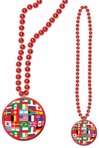 33-Inch Beaded Necklace with International Flag Medallion