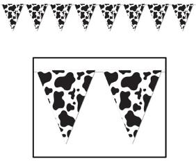 Cow-print pennant banners for a farm birthday party