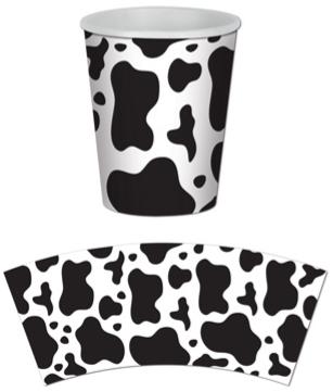 Cow-print beverage cups for a farm birthday party
