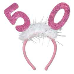 50th Birthday Glittered Bopper Headband with Marabou