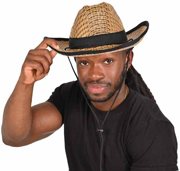 Western Straw Cowboy Hat with Black Trim