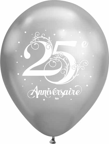 Silver “25e Anniversaire” 12-Inch Latex Balloons, 50 Count